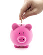 Putting coin into the piggy bank Putting coin into the piggy bank