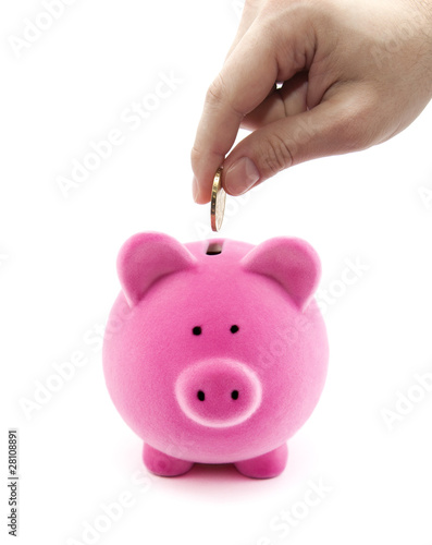 Foto: Putting coin into the piggy bank Putting coin into the piggy bank