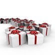 Many gifts with red ribbon - 3d image