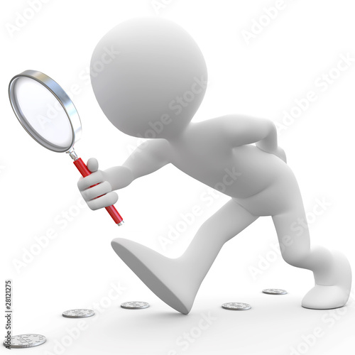 Illustration: Man with magnifying glass looking for coins Man with magnifying glass looking for coins