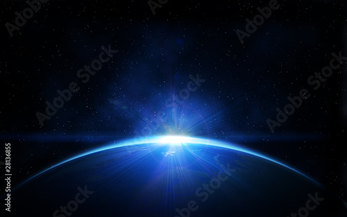 Ilustración: Planet earth with sunrise in space Planet earth with sunrise in space
