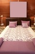 purple bedroom bed warm wood sunblind