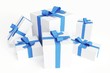 White gift boxes with blue ribbons