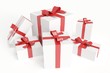White gift boxes with red ribbons