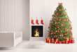 Weihnachtsbaum im Zimmer mit Kamin interior 3d