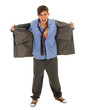 angry homeless biznessman in grey, oversized suit