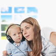 mother and son listening music mother and son listening music