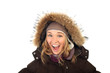 portrait of one happy frozen  woman in winter coat