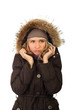portrait of one sad frozen  woman in winter coat