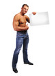 Young attractive male body builder with advertising board.
