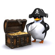 3d Penguin with his treasure chest full of gold