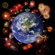 Fireworks around Earth - West hemisphere, celebration concept
