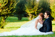 happy bride and groom at a park on their wedding day