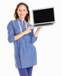 Happy woman presenting with a laptop