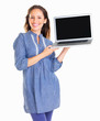 Approachable woman presenting with a laptop