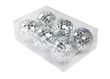 Box with Christmas ornaments in form of disco balls