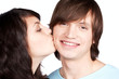 Closeup Young happy couple on white background