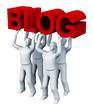 3d. Four people holding a red sign a blog on a white background.