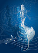 Silver treble clef in the form of the bird's feather on the blue