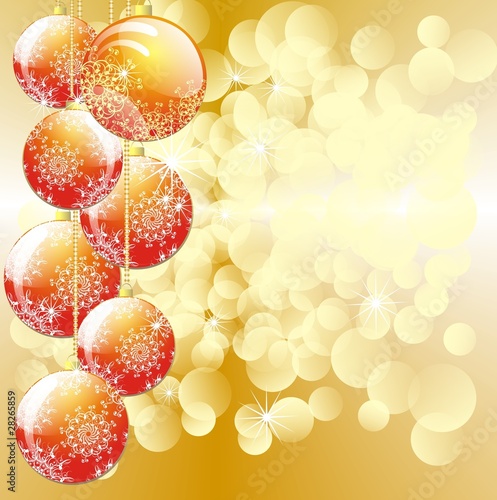 Illustration: Christmas baubles ornament on golden lights background Christmas baubles ornament on golden lights background