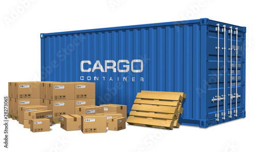 Illustration: Cardboard boxes and cargo container Cardboard boxes and cargo container