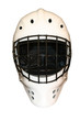white hockey goalie mask, front facing