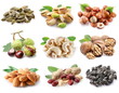 Collection of ripe nuts and seeds on a white background
