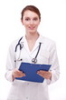 Photo: Portrait of positive doctor holding on clipboard. Portrait of positive doctor holding on clipboard.