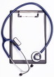 Medical stethoscope with a clipboard on a white background.