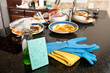 Dirty dishes and cleaning supplies
