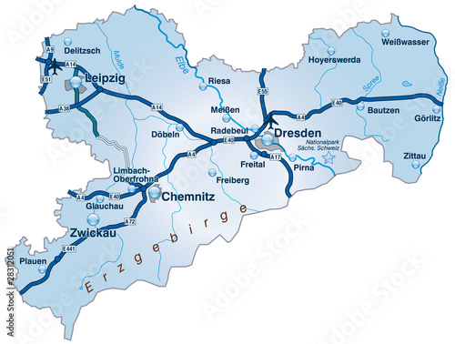 Vektor: Sachsen mit Autobahnen und Städten als AI Sachsen mit Autobahnen und Städten als AI