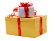 golden gift box with red bow isolated on white golden gift box with red bow isolated on white