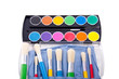 colorful water color paint with a set of paint brushes isolated