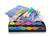 colorful water color paint with a set of paint brushes isolated