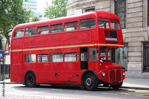 Photo: Empty red double-decker on street in London, England. Empty red double-decker on street in London, England.