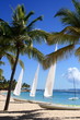 Palmiers, petit nuage et voiliers, plage Antilles