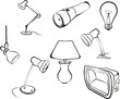 lamp, bulb, electric set sketch in black lines