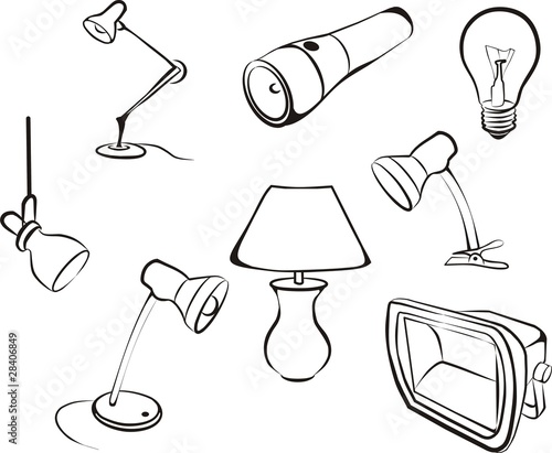 Vector: lamp, bulb, electric set sketch in black lines lamp, bulb, electric set sketch in black lines