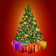 Christmas tree with gift boxes on red background