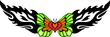 Heart with green wings in the centre of a black pattern.