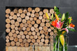 Tropical flowers against fire place. Tropical flowers against fire place.