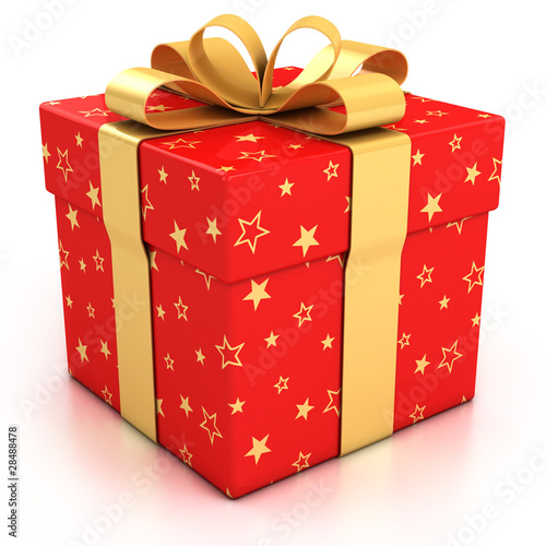 Illustration: red gift box with golden ribbon over white background red gift box with golden ribbon over white background