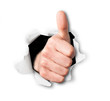 Photo: Hand making thumbs up sign breaking through a thin wall or paper Hand making thumbs up sign breaking through a thin wall or paper