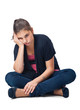 sad and pensive girl, white background