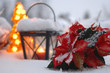 Laterne im Schnee mit Weihnachtsstern und Lichter