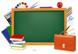 Green desk with school supplies and briefcase. Vector. Green desk with school supplies and briefcase. Vector.