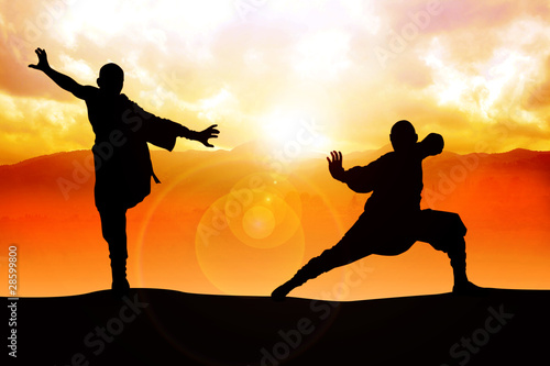 Illustration: Silhouette illustration of two figures doing martial art stance Silhouette illustration of two figures doing martial art stance