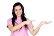 Brunette girl pointing her hand palm