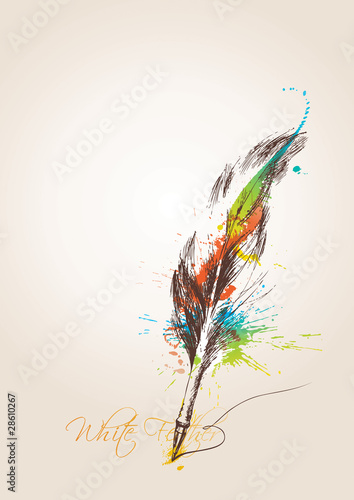 Vector: Pen in the form of the bird's feather on the beige background Pen in the form of the bird's feather on the beige background