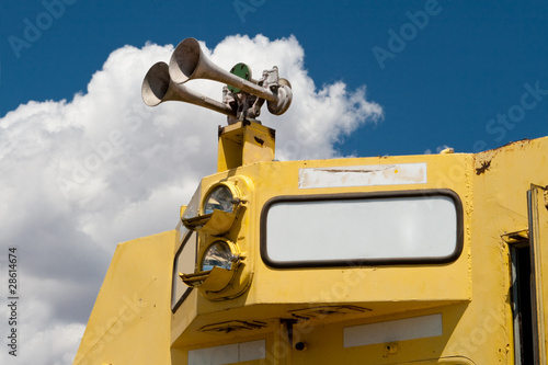 Photo: Closeup of Diesel Train Locomotive Airhorn Blank Sign Closeup of Diesel Train Locomotive Airhorn Blank Sign